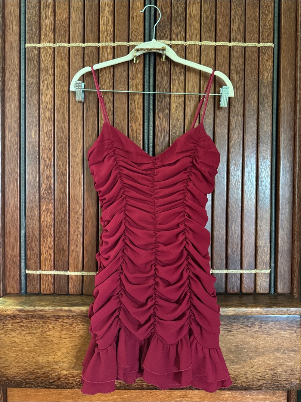 Lucy in the Sky Burgundy Ruched Spaghetti-Strap Mini Dress